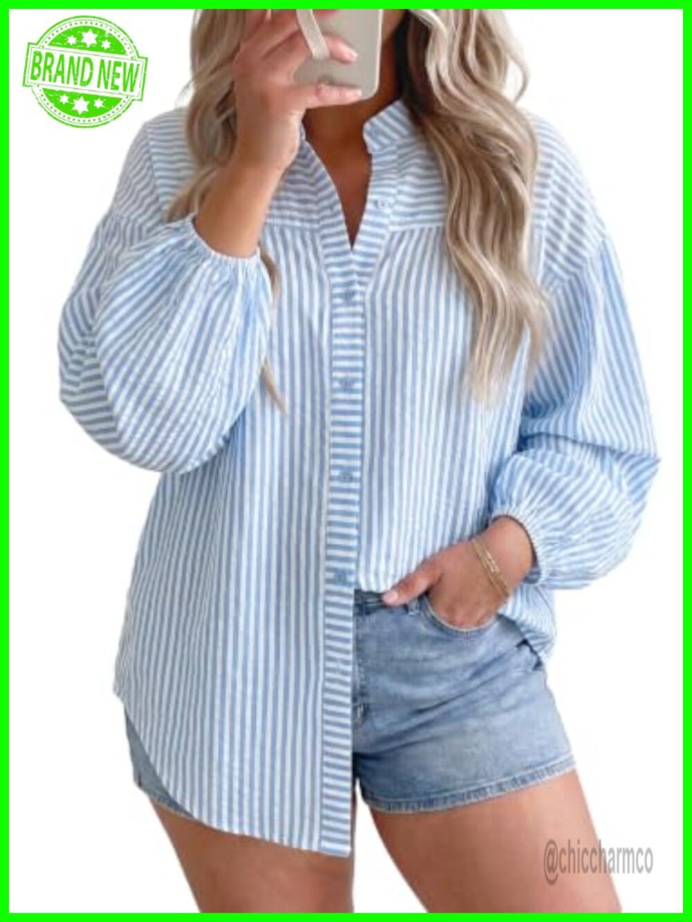 Plus Size Striped Button Down Shirt Puff Sleeve V Neck Top